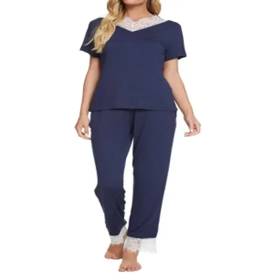 cheibear Womens Sleepwear V-Neck with Lace Nightwear with Pants Loungewear Pajama Set image {6}