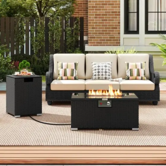 Costway 2 PCS Outdoor Rattan Fire Table Set with Tank Cover Tempered Glass Tabletop Brown/Black/Gray image {3}