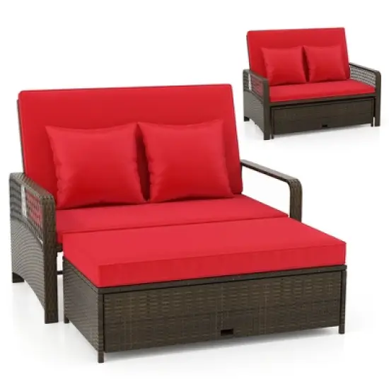 Tangkula Patio Rattan Daybed Wicker Loveseat Sofa w/ Multifunctional Ottoman image {11}