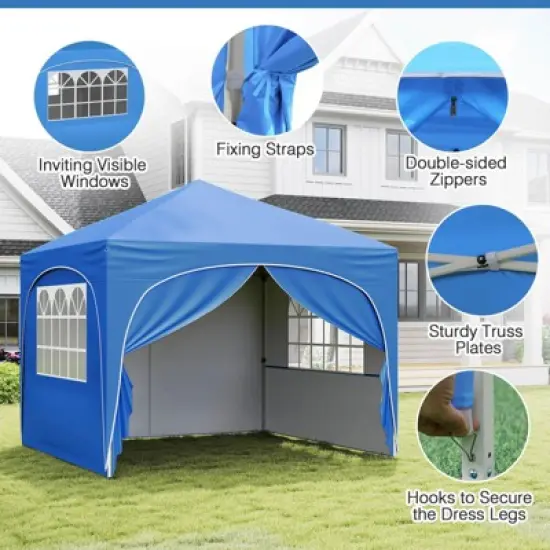 Costway 10 X 10 FT Pop up Canopy Tent Outdoor Easy Setup Sunshade with Wheeled Bag Blue/White/Gray image {9}