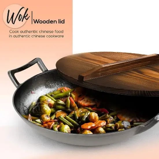 NutriChef Pre Seasoned Nonstick Cooking Wok Cast Iron Kitchen Stir Fry Pan w/ Wooden Lid for Gas, Electric, Ceramic, & Induction Countertops (2 Pack) image {2}