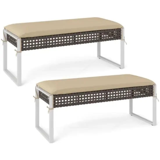 Costway Set of 2 Outdoor Ottoman Bench Patio PE Rattan Footrest w/ Soft Cushion & Metal Frame image {9}
