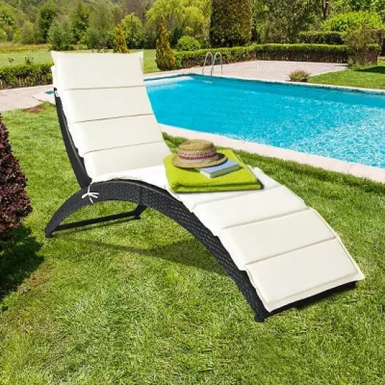 Costway Folding Patio Rattan Lounge Chair Chaise Cushioned Portable Garden Lawn Black image {3}