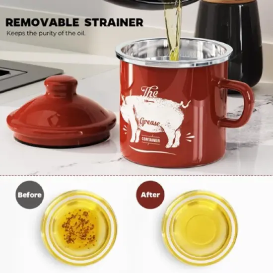 Itopfox Mini Bacon Grease Container With Strainer - Enamel Grease Saver, Farmhouse Bacon Grease Keeper For Kitchen Fat Storage, Dishwasher Safe image {3}