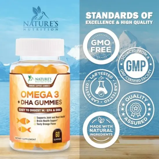 Omega 3 Fish Oil Gummies, Heart Healthy Omega 3 Gummy Supplement - DHA & EPA, Extra Strength Joint & Brain Support, 60 Gummies By Nature's Nutrition image {3}