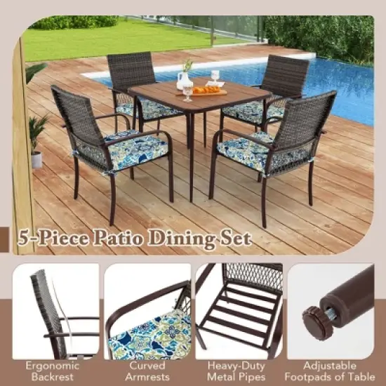 Costway 5 PCS Patio Dining Set with Wood-Plastic Tabletop & Umbrella Hole for Backyard image {8}