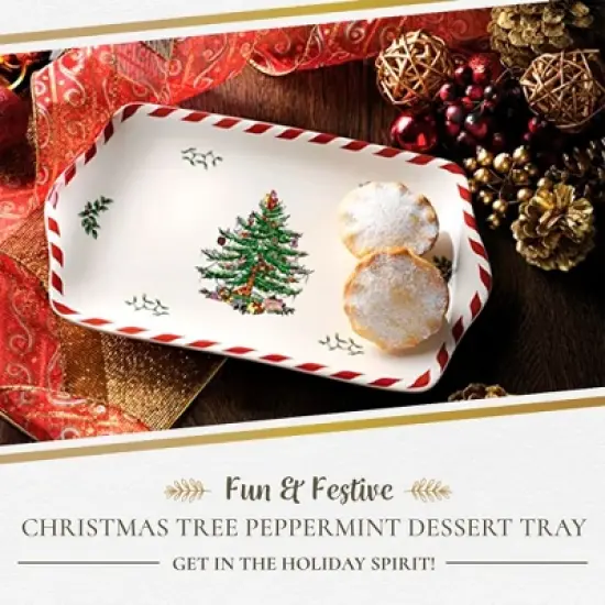 Spode Christmas Tree Peppermint Dessert Tray (12" x 7.25") - Festive Porcelain Serving Tray for Appetizers, Charcuterie, Snacks, Desserts image {1}