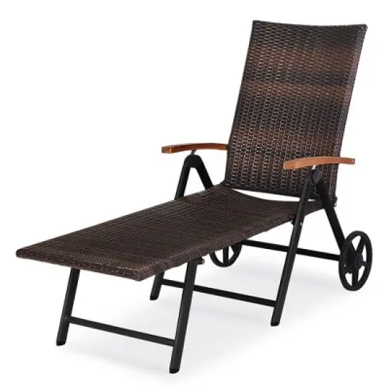Costway Folding Patio Rattan Lounge Chair Cushioned Aluminum w/ Wheel image {1}