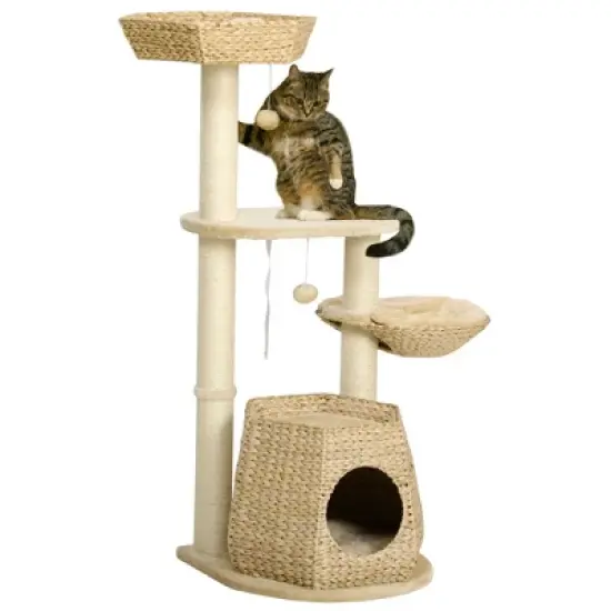 SKYONE 47" Natural Cat Tree with Sisal Scratching Posts, Soft Cushion Beds, Multi-Level Platforms, image {8}