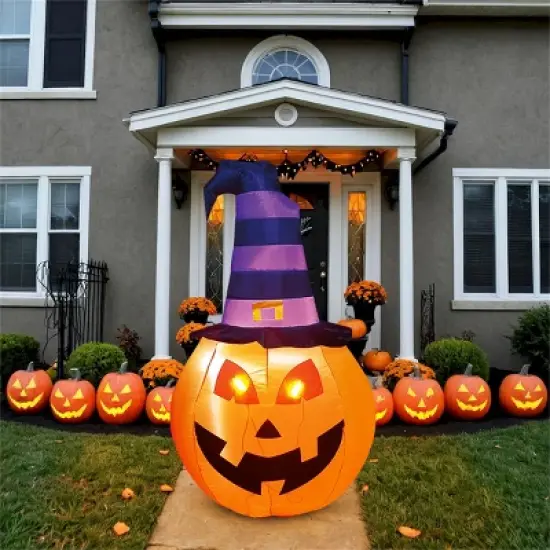 Joyfy 5 FT Halloween Inflatables Outdoor Decorations, Pumpkin Inflatable with Witch Hat, Built-in LEDs for Halloween Party Yard Garden Lawn Decoration image {3}