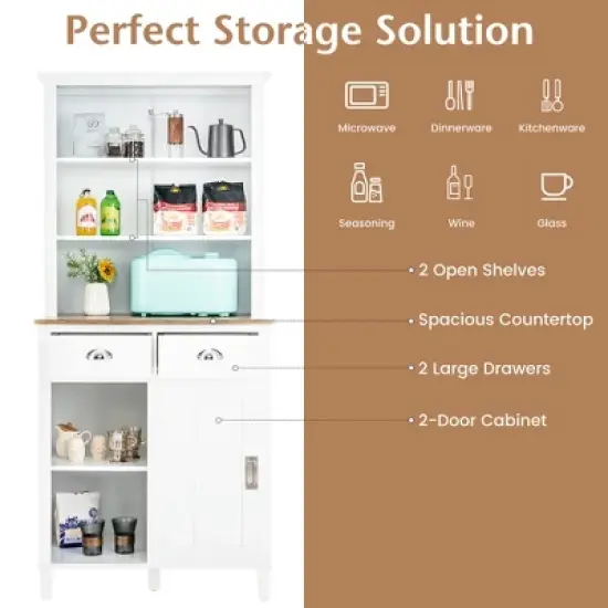 Costway Freestanding Kitchen Pantry Storage Cabinet Buffet w/Hutch Sliding Door & Drawer image {5}
