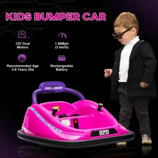 Aosom 12V Kids Bumper Car, 360&deg; Rotation Electric Ride On Car, Twins Motor w/ Parent Remote Control, Safety Belt, LED Lights, Pink image {4}