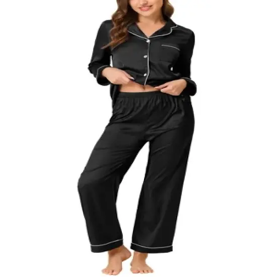 cheibear Womens Pajama Lounge Sleepwear Button Down Tops and Pants Satin Pjs Set image {8}