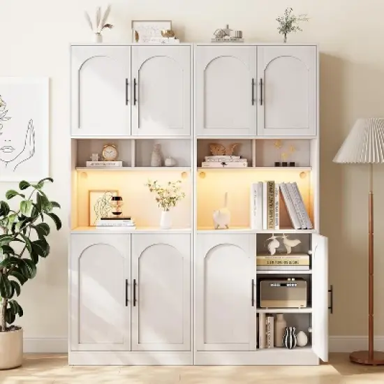 71" Pantry Cabinet, Tall Kitchen Hutch with Led Lights, Freestanding Kitchen Cabinet with Microwave Shelf, for Dining Room image {2}