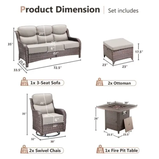 Gymojoy 6 Pieces Outdoor Patio Wicker Sofa Swivel Chair Ottoman with 6 Inch Cushions and Fire Pit Table image {1}