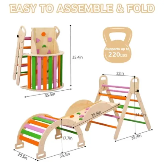 Foldable 9-in-1 Wooden Climbing Set for Toddlers & Kids &uml;C Triangle, Arch, Pinball & Seesaw | Heavy Duty Indoor Jungle Gym Playground image {2}