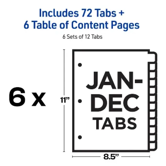 Avery Jan-Dec Dividers for 3 Ring Binders, 12 Tabs per Set, Customizable Table of Contents, Classic White Tabs (6 Sets of 11826) image {3}