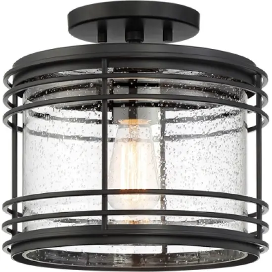 Possini Euro Design Modern Semi Flush Mount Outdoor Ceiling Light Fixture Black Geometric 11" Clear Seedy Glass for Exterior House Porch Patio Deck image {5}