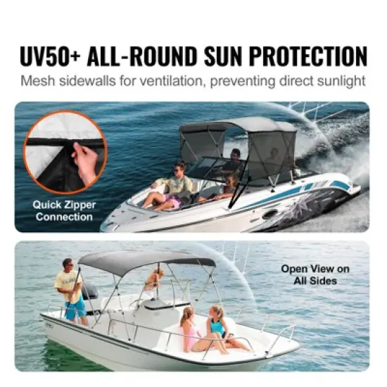 VEVOR 3 Bow Bimini Top Boat Cover, Detachable Mesh Sidewalls, 600D Polyester Canopy with 1" Aluminum Alloy Frame image {2}