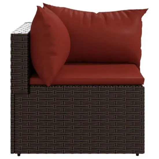 vidaXL Patio Corner Sofa with Cushions - Outdoor Furniture with Sturdy Steel Frame and Weather-Resistant Poly Rattan - Brown and Red image {2}
