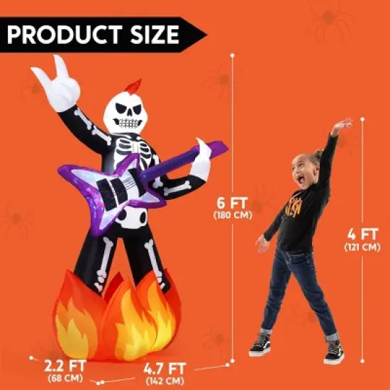 Joyfy 6 FT Halloween Inflatable Outdoor Decoration, Skeleton Plays Guitar Inflatable with Music and LED Lights for Halloween Yard Garden Lawn Decor image {7}