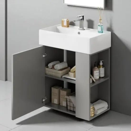 21.6" Floating Bathroom Vanity with Right Side Open Shelves, Wall-Mounted Cabinet with Ceramic Sink, Soft-Close Door image {14}
