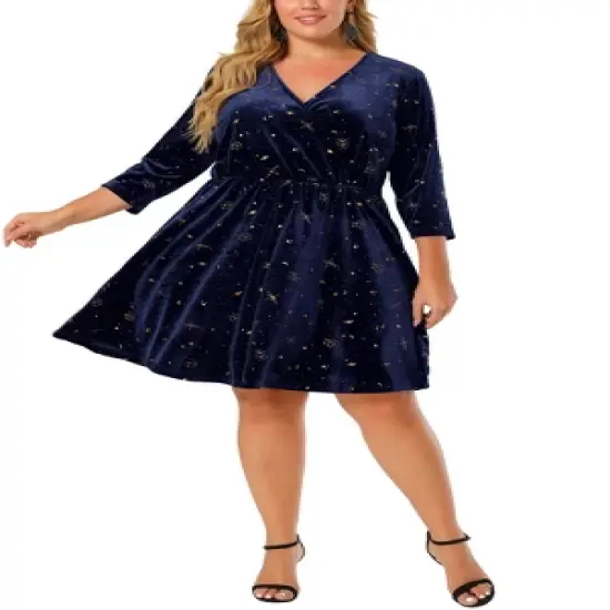 Agnes Orinda Women's Plus Size Velvet 3/4 Sleeve Elastic Waist Party Dress image {1}