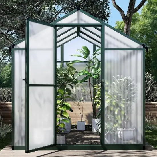 GustoWave  Walk-In Aluminum Polycarbonate Greenhouse With Roof Vent, For Outdoor Gardens, Patios, And Backyards，Green. image {8}