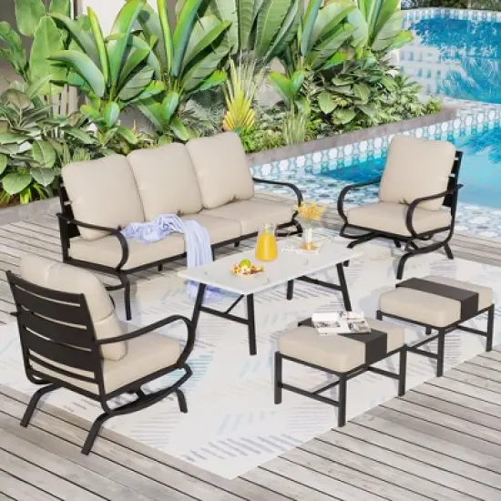 Captiva Designs 6pc Metal Patio Furniture Conversation Set with Rocking Chairs and Ottomans for Garden Porch Backyard image {8}