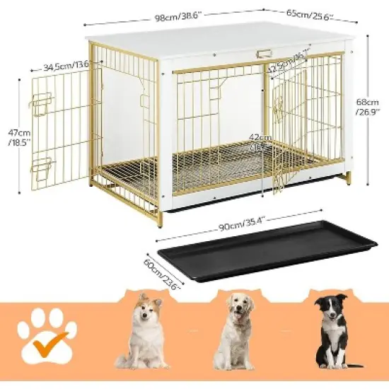Dog Crate Indoor Furniture, 38.6 inches, Double Door Wooden Cage with Pull-Out Tray, Suitable for Large/Medium/Small Dogs, White image {3}