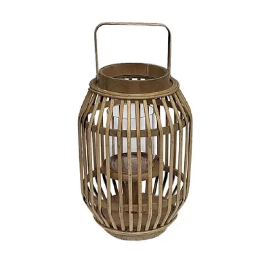 Essential Decor & Beyond 11.8" Natural Bamboo Glass Candle Holder Tabletop Lantern With Metal Handle image {6}