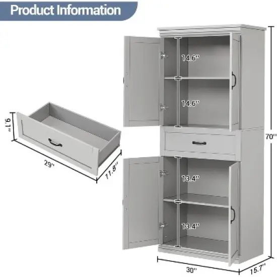 70" Multi-Room Pantry Cabinet w/ Drawer & 4 Doors - Adjustable Shelves, Engineered Wood, Freestanding Cray image {1}