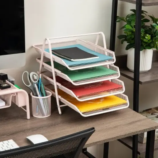 Mind Reader 4-Tier Paper Tray Desktop Organizer Metal Mesh Pink image {5}