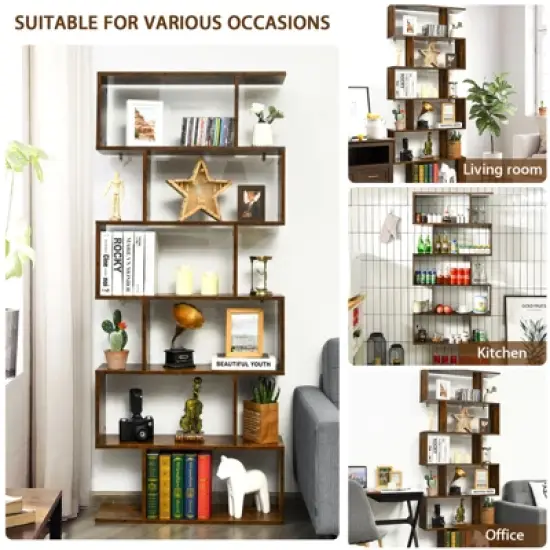 Tangkula 6-Tier S-Shaped Wooden Bookshelf Storage Bookcase Multifunctional  Display Stand Shelf image {5}