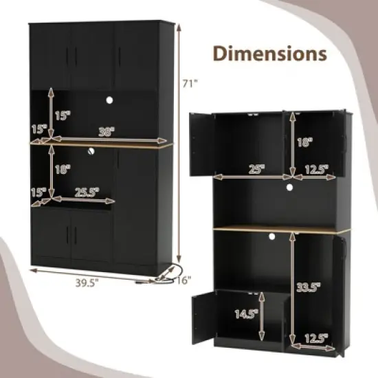 Costway 71" Tall Kitchen Pantry Cabinet with Charging Station Microwave Stand & Doors Black/White image {2}