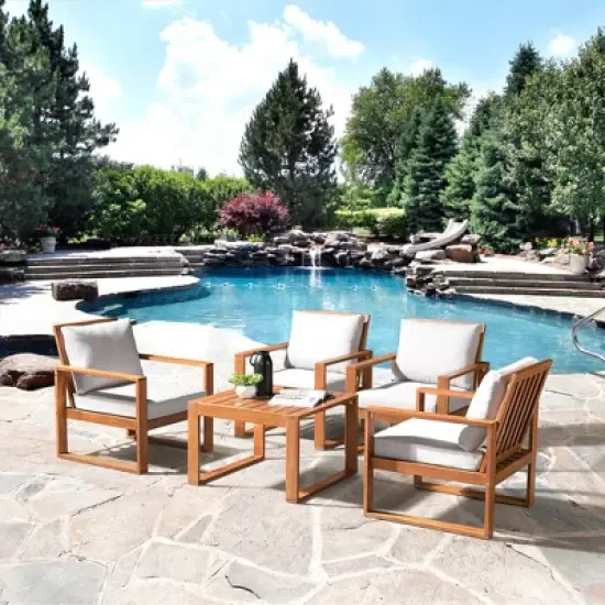 Weston 5pc Eucalyptus Wood Outdoor Set with Chairs & Table - Natural - Alaterre Furniture image {1}
