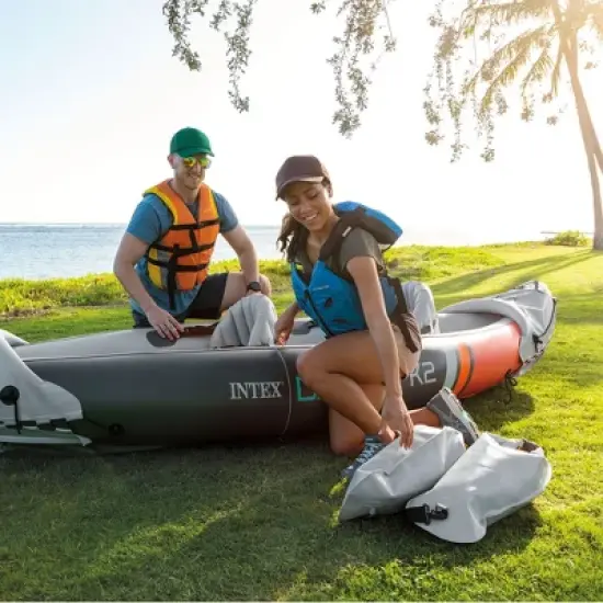 Intex Dakota K2 2 Person Inflatable Vinyl Kayak and Accessory Kit with 86 Inch Oars, Air Pump, and Carry Bag for Lakes and Rivers, Gray and Red image {2}