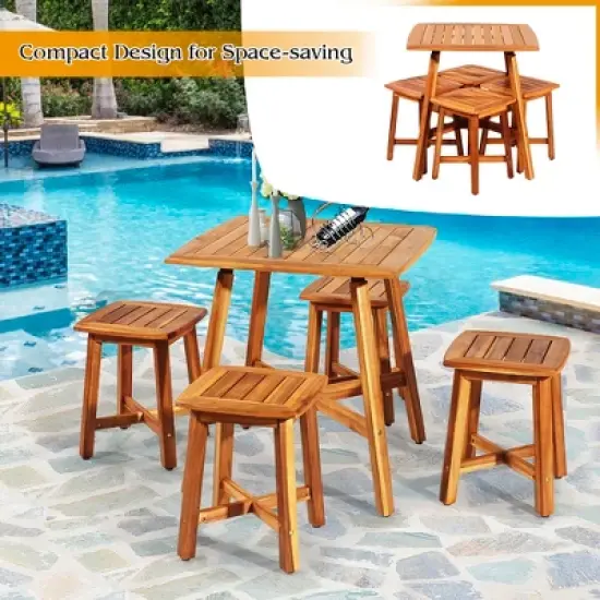 Costway 5PCS Acacia Patio Dining Set W/Square Table & 4 Stools Reddish Brown image {6}