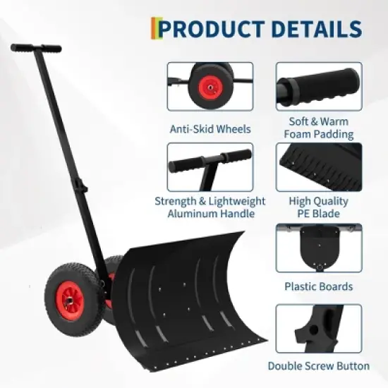 GustoWave Black Snow Shovel with Wheels, Heavy Duty Snow Pusher for Driveway, Carbon Steel Snow Pusher Shovel with Adjustable Angle image {2}