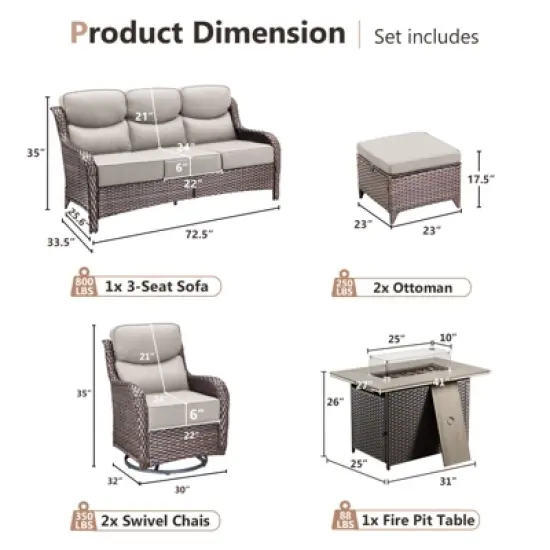Gymojoy 6 Pieces Outdoor 6 Inch Sofa Swivel Chair Ottoman with Fire Pit Table image {1}