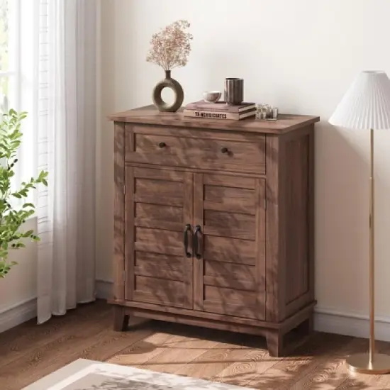 Rustic Adjustable 31.5" Storage Cabinet, Waterproof 3-Tier Organizer with Slatted Doors and Drawers for Home, Kitchen, Dining Room, Entryway image {2}