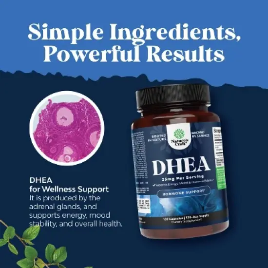 Pure DHEA 25mg for Women & Men, DHEA Supplement for Mood Energy & Immune Support, Hormone Balance Supplement, Nature's Craft, 120ct image {3}