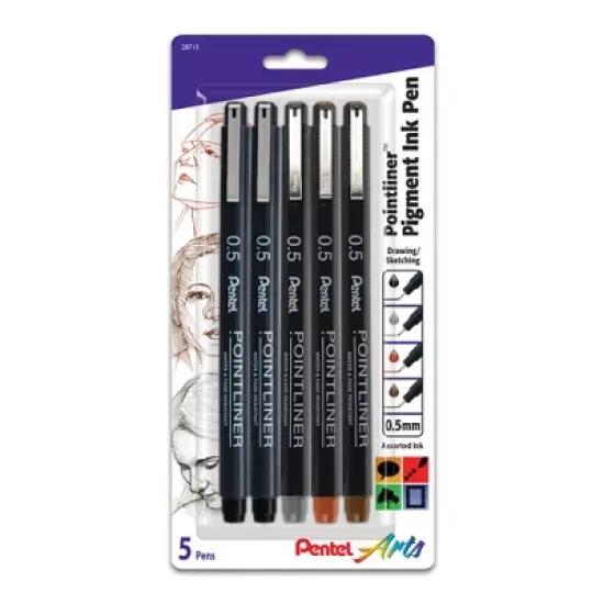 Pentel Arts Pointliner Pen, 0.5mm Tip, Assorted Ink Colors, 5-Pack image {2}