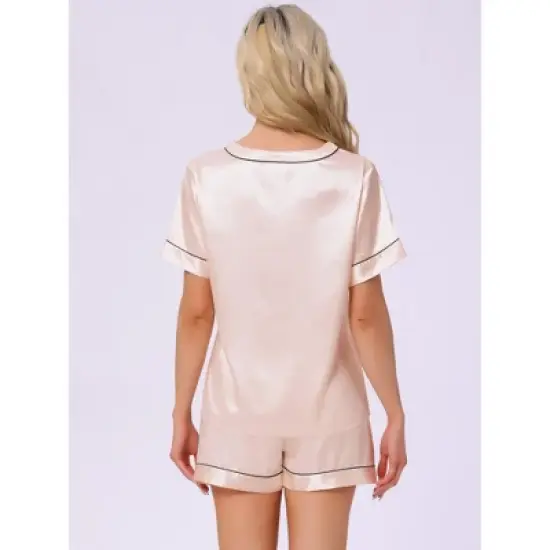 INSPIRE CHIC Womens Lounge Set Satin V Neck Elastic Waist Contrast Color Short Sleeve Shorts Set Pajama Set image {3}