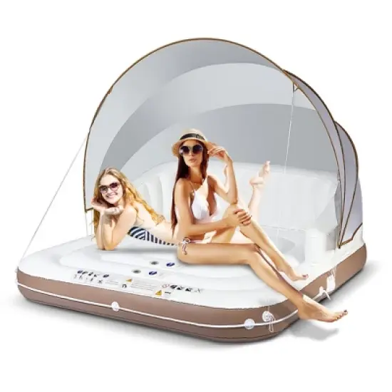 Costway Floating Island Inflatable Swimming Pool Float Lounge Raft with Canopy SPF50+ Retractable Detachable Sunshade with Two Cup Holders White image {9}