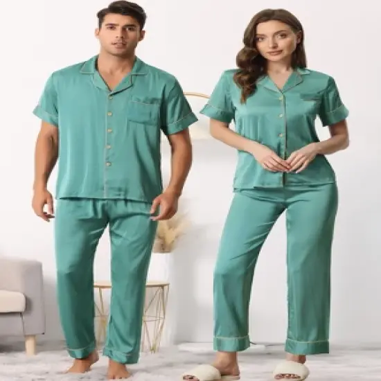 cheibear Men's Satin Sleepwear Short Sleeve Button Down T-Shirt with Pants Couple Pajama Set image {1}