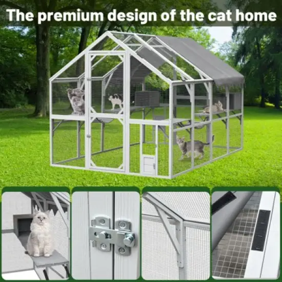 Dolonm 110" Walk-in Catio Enclosure w/ Weatherproof Roof - Blue&Grey Metal-Wood Cat House, 2 Bridges & 7 Walks for Outdoor Cats image {5}