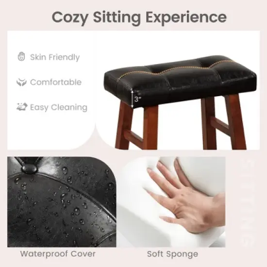 Costway Set of 2 Upholstered Barstools 24''/29'' Backless Rubberwood Dining Chairs Black&Brown image {5}