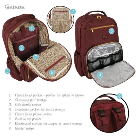 Hudson Baby Premium Diaper Bag Backpack and Changing Pad, Burgundy, One Size image {3}