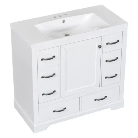 36" Bathroom Vanity with Ceramic Sink, 6 Drawers and Adjustable Shelves, White - ModernLuxe image {6}